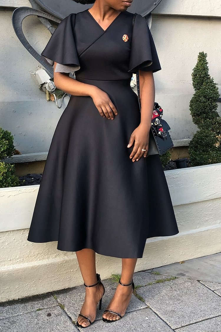 Xpluswear Plus Size Black Formal V-neck Ruffle Sleeve Derby Midi Dresses [Pre-Order]