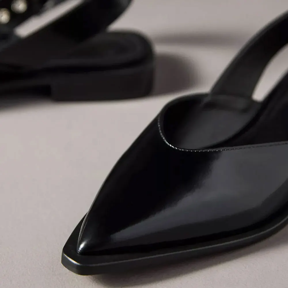 Elegant Black Pointed Toe Buckled Flat Slingback Shoes for Women