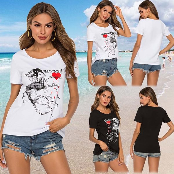 Women Fashion Printed Short sleeved T shirt Mermaid Princess Tears Combination Printed T shirt Spring and Summer Women Tops - Shop Trendy Women's Fashion | TeeYours