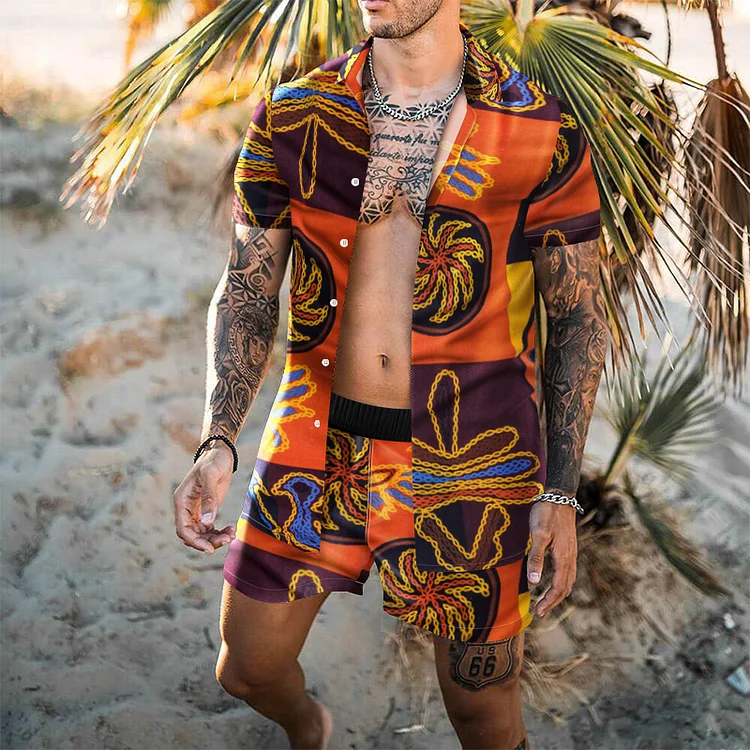 Men Retro Ethnic Style Floral Printed Suits Two Piece Set