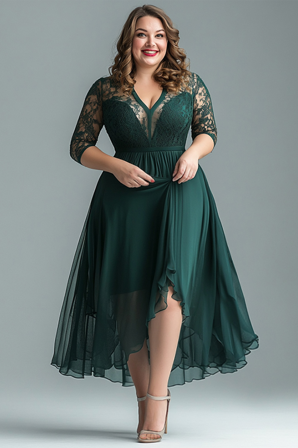 Flycurvy Plus Size Wedding Guest Dark Green Chiffon Lace See-Through Layered 3/4 Sleeves Maxi Dress