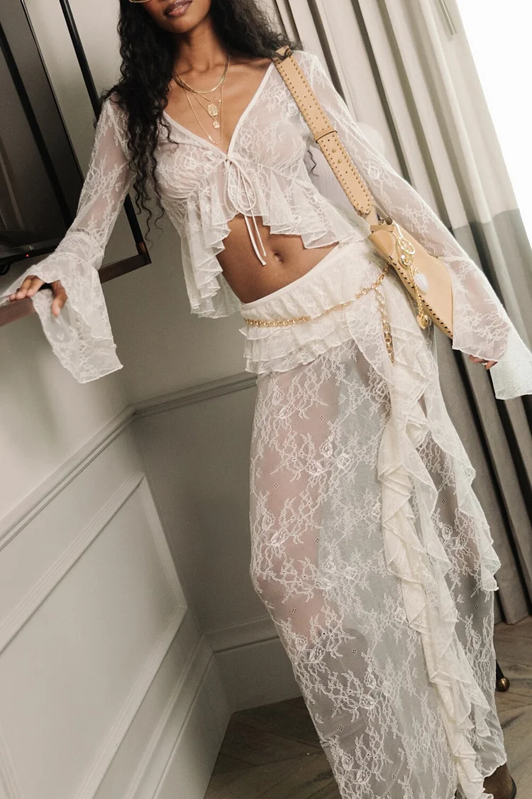 Lace V Neck Flare Sleeve Crop Top Ruffled Sheer Maxi Skirt 2pcs Set-White