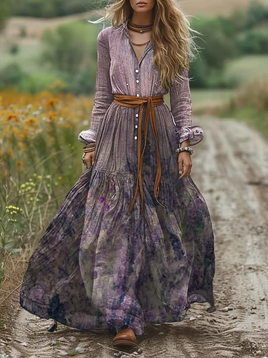 Ladies Shirt Collar Positioning Print Pocket Cotton Long Sleeve Dress