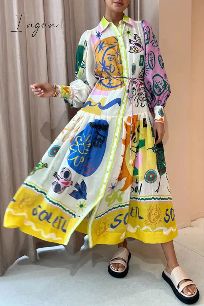 Ingvn - Bohemian Elegant Print Contrast Turndown Collar A Line Dresses Multicolor / S Dresses/Long