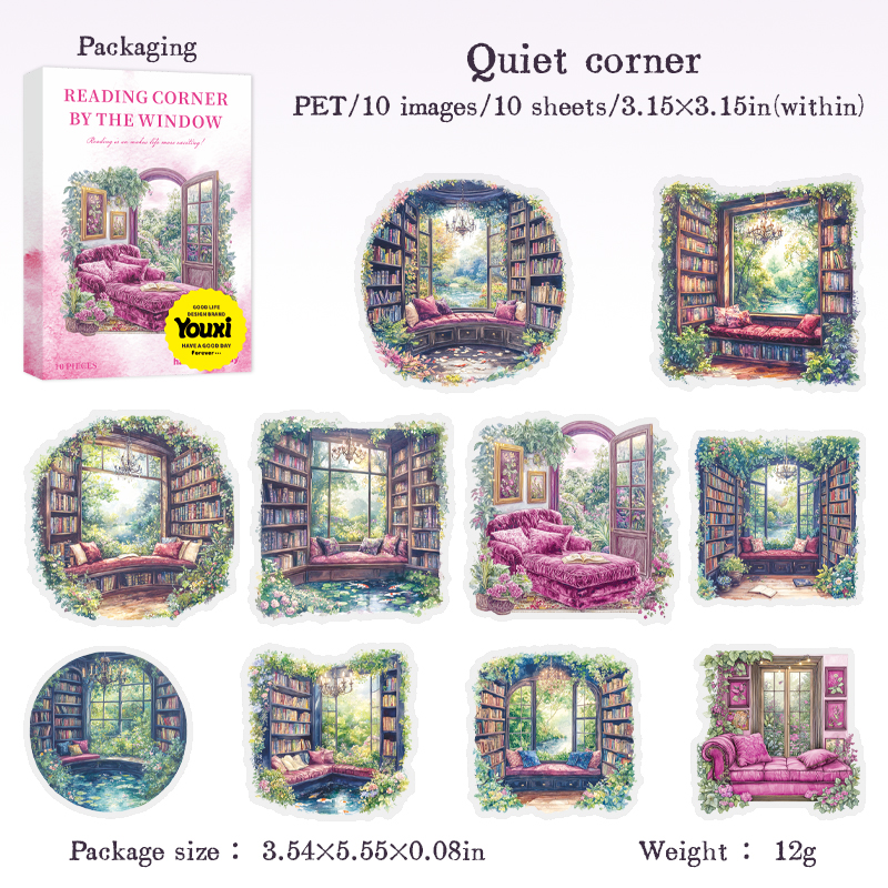 PET Sticker - Reading Corner By The Window Series Vintage Flower Window Landscape 