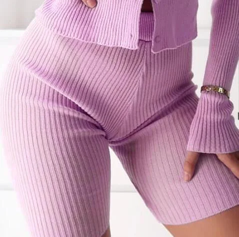 Knitted Sweater Two Piece Set Women Long Sleeve Buttons Top High Waist Shorts 2pcs Outfits Lady Slim Matching Fall Clothes Sets