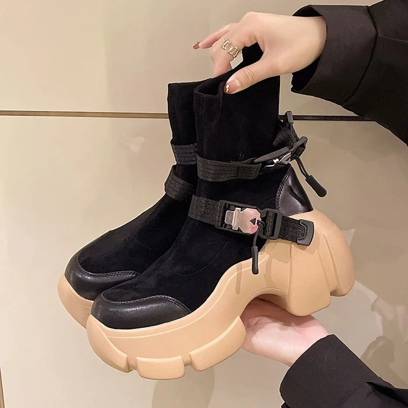 Zingj buckle muffin thick-soled ankle boots 2022 autumn and winter new elastic increased Martin boots socks boots