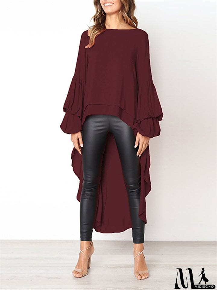 MidiSono - Ladies Leisure Chiffon Lantern Sleeve Irregular Hem Shirts