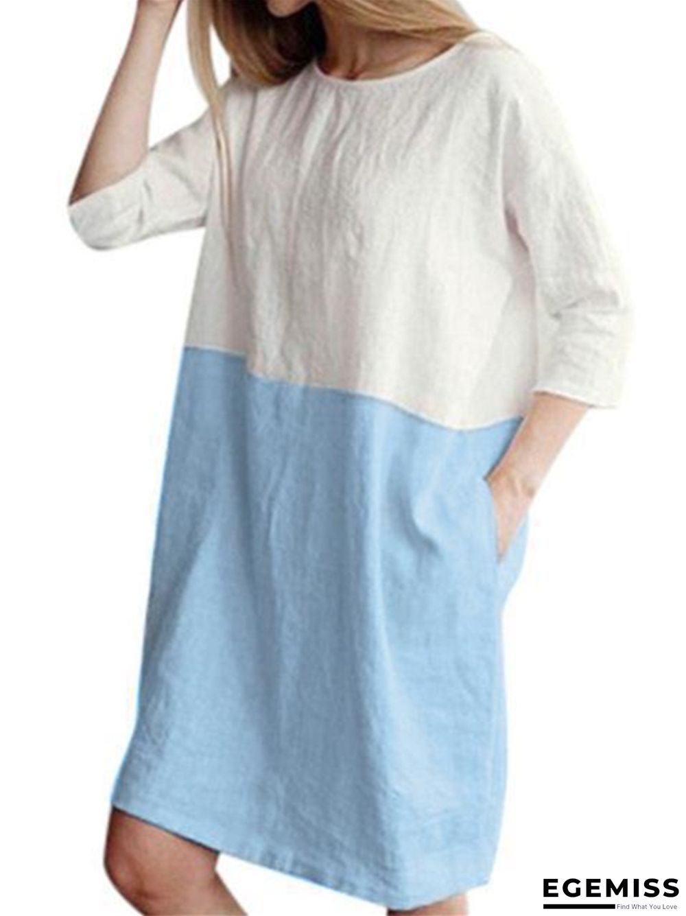 Loose Solid Color Cotton Linen Patchwork Dress Round Neck Seven Sleeve Skirt Waist | EGEMISS