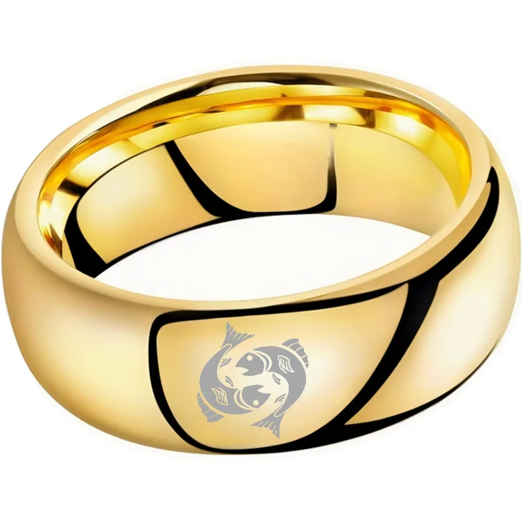 4MM 6MM 8MM Width Gold Pisces Tungsten Carbide Rings Prints Laser Design Domed Top Tungsten Wedding Bands 