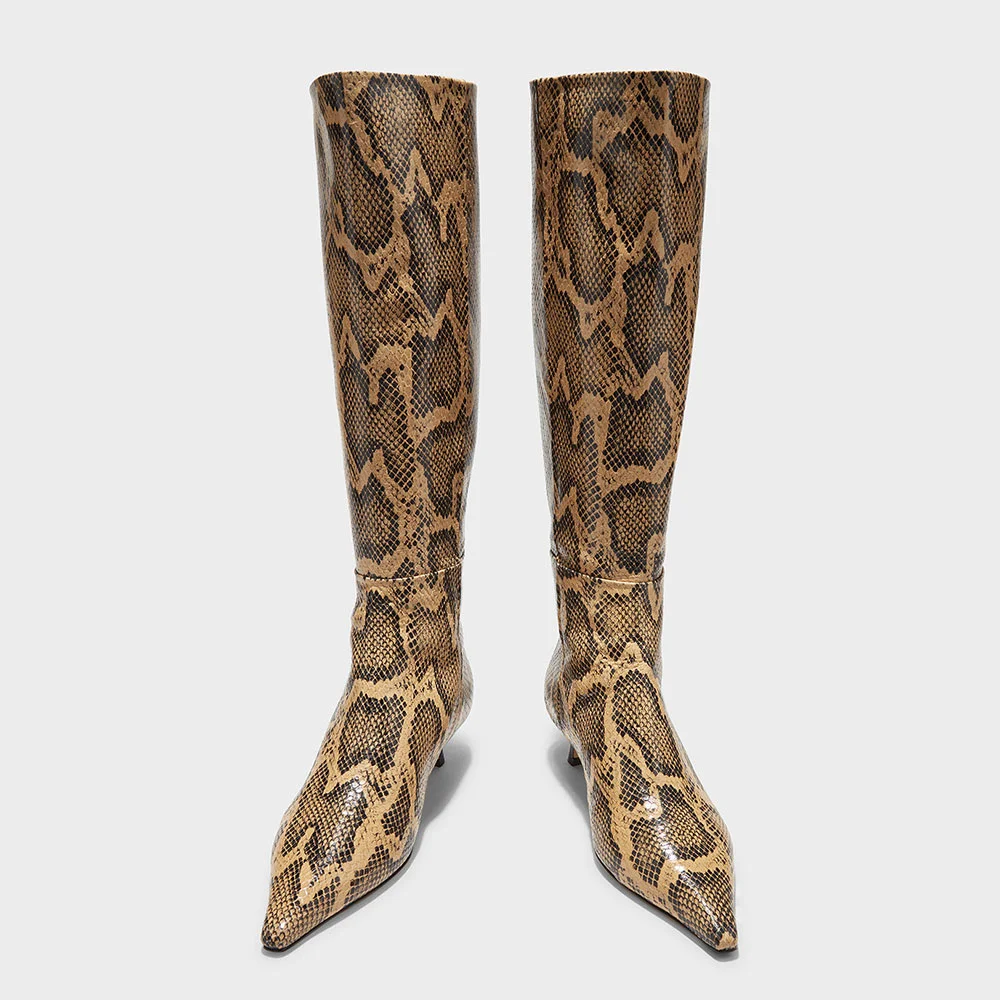 Tan & Black Snakeskin Pointed Toe Kitten Heel Knee High Boots
