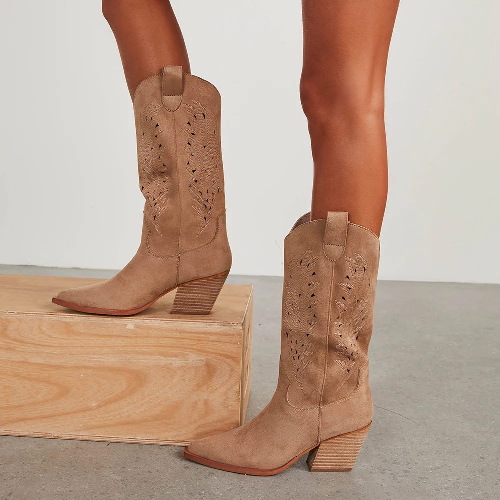 Beige Faux Suede Closed Pointed Toe Mid calf Cowgirl Boots With Chunky Heels Nicepairs
