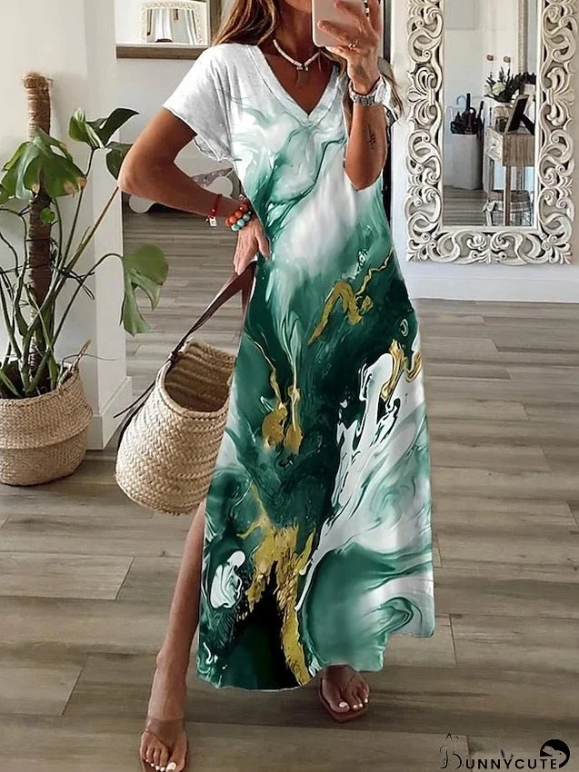Long Dress Maxi Dress Casual Dress Print Dress Color Gradient Marbling Fashion Streetwear Outdoor Daily Going out Split Print Short Sleeve V Neck Dress Regular Fit Light Green Blue Green for Women