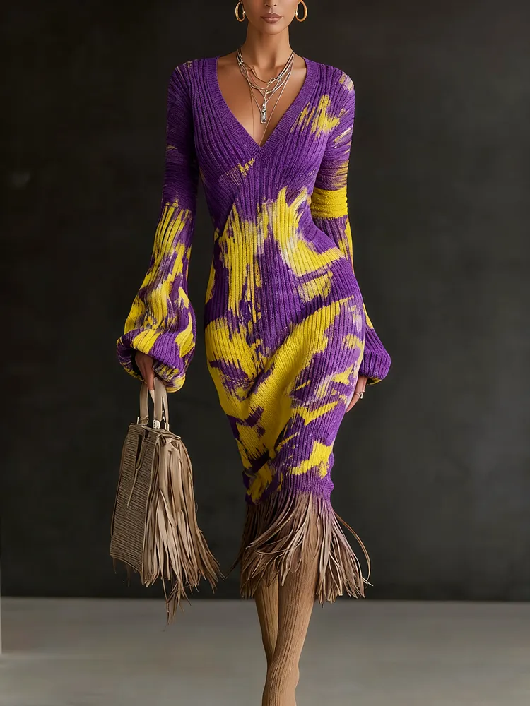 Printed Textured Knitted Tassel Hem Long Sleeve Midi Dress