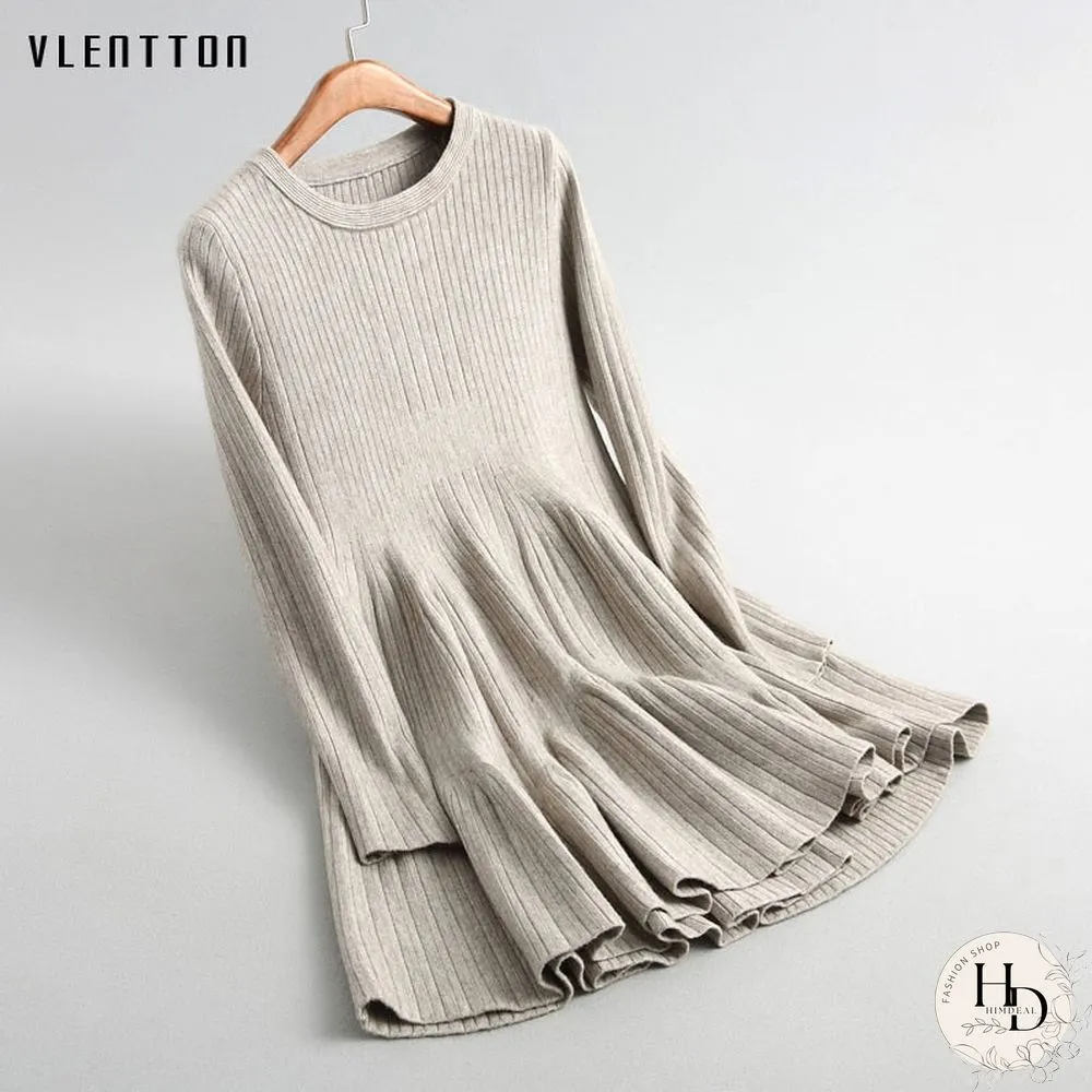 Spring Autumn Sexy Mini Dress Women O-Neck Long Sleeve Elastic Waist Korean A-Line Knitted