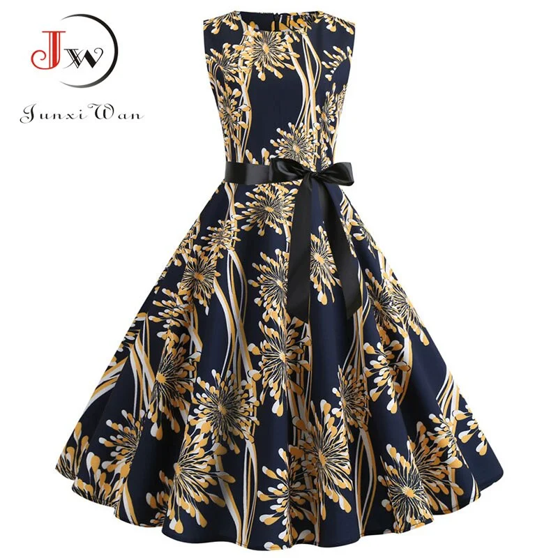 White Floral Print Women Summer Dress Sleeveless Elegant Vintage Party with Belt 50s 60s Robe Femme Casual Midi Dress