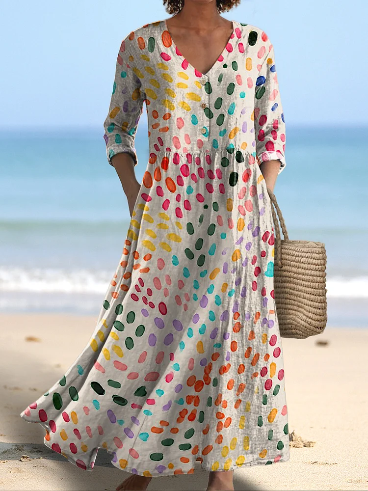 Watercolor Polka Dot Pattern Printed Women's V-Neck Button Pocket Cotton Dress