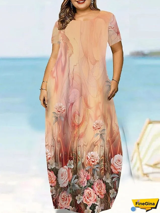 Plus Size Casual Sweater Dress Graphic Floral Long Sweater Dress Maxi Sweater Dress Sleeveless Pocket Print Crew Neck Fashion Daily White Orange Summer Spring L XL XXL 3XL 4XL for Women
