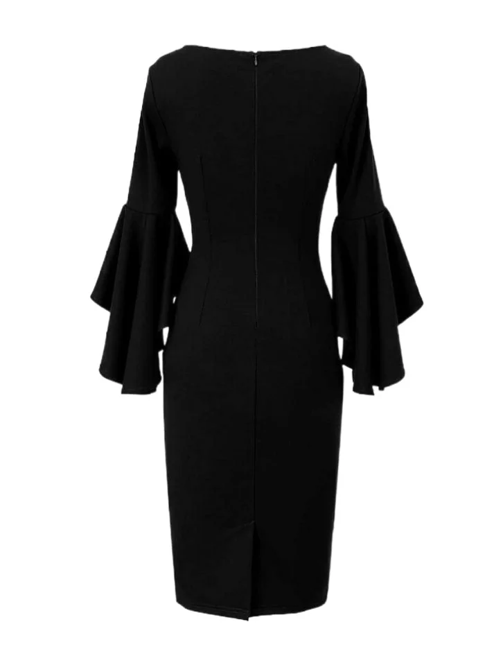 Round Neck Ruffle Sleeve Solid Color Dress