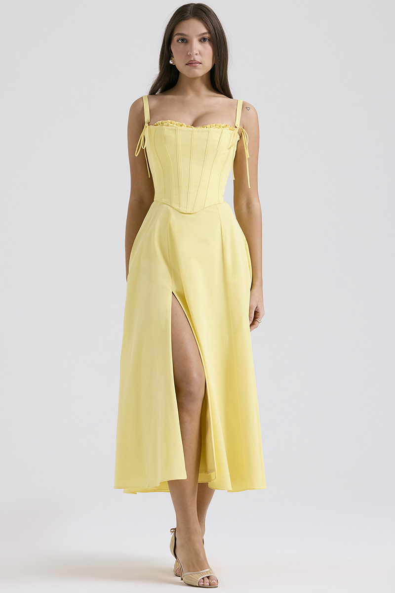 Spaghetti Strap Corset A-Line Slit Hem Midi Dresses-Yellow