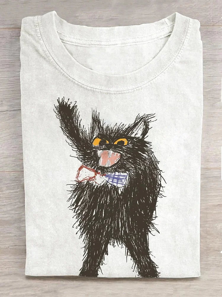 Women's Loose Fried Cat Print T-Shirt