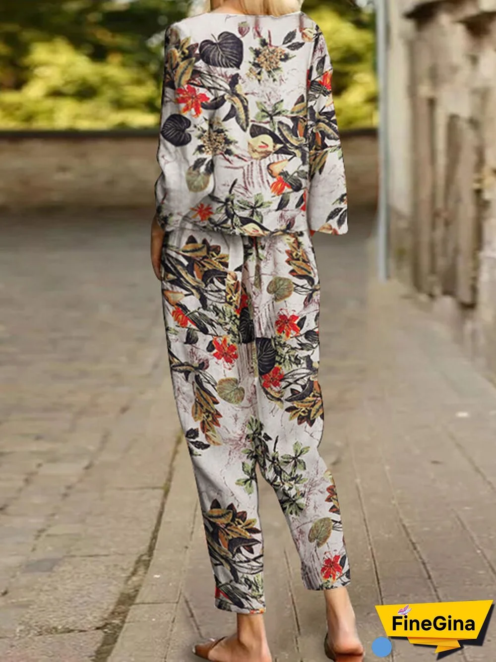 Casual Floral Pattern Elastic Waist Cotton Two-piece Set Suit
