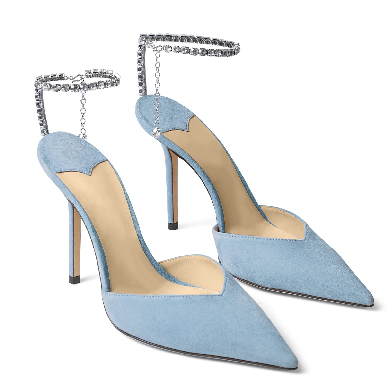 100mm Women's Sandals Crystal Chain Rhinestone Embellished Strap Suede Pumps Pointy Stilettos Backless Shoes-vocosishoes