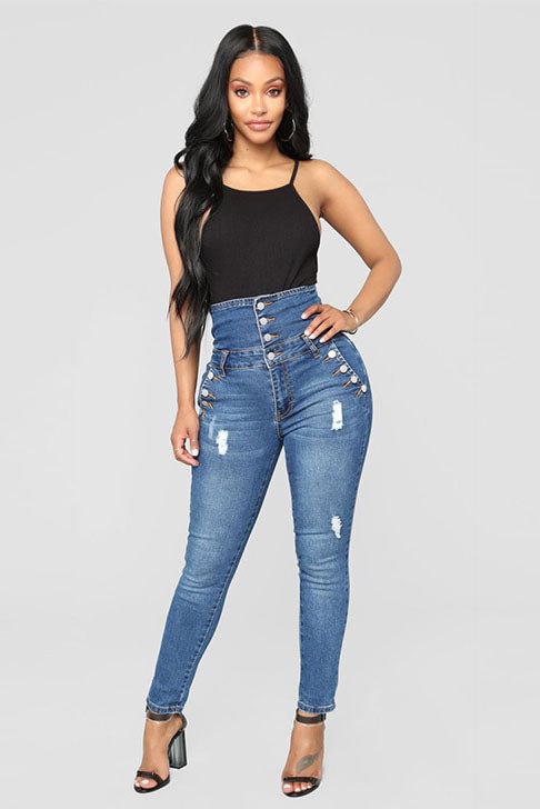 High Waist Button Up Stretch Denim Jeans