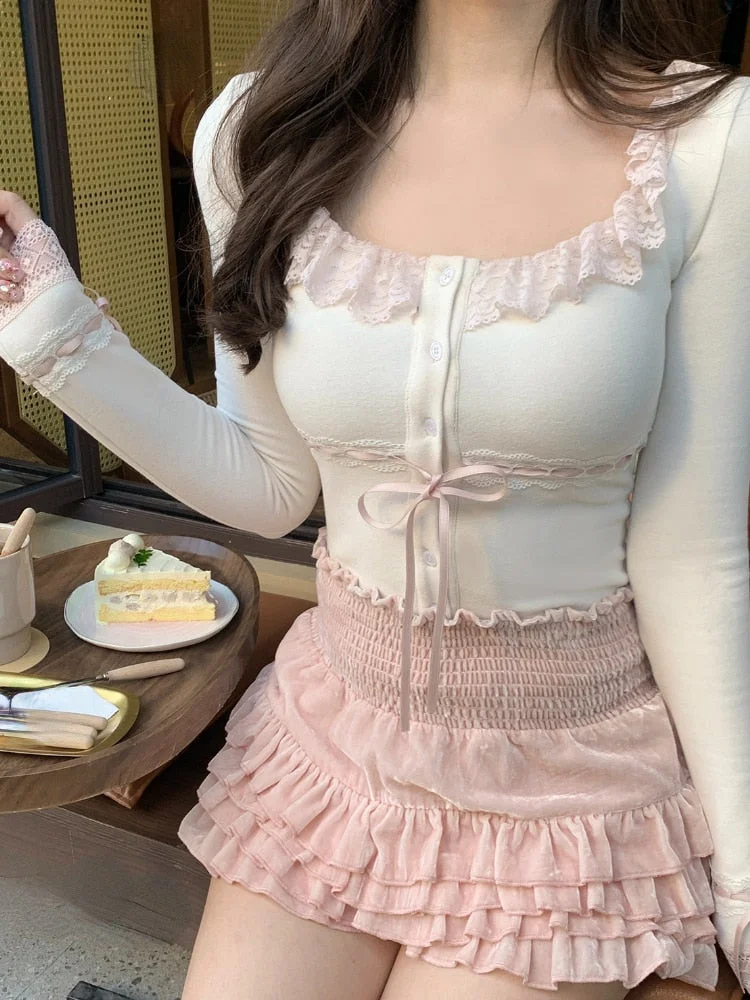 Lourdasprec  Y2K Women Korean Japanese Groups Desire Kawaii Lolita 2 Piece Set Suits Mini Sweet Pink Skirt Sexy Long Sleeve Tops Sets Clothes