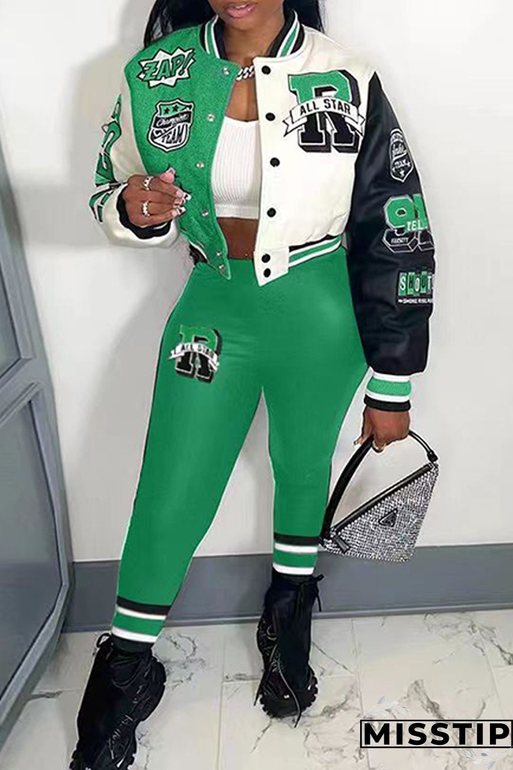 Green Casual Letter Print Patchwork Cardigan O Neck Long Sleeve Two Pieces