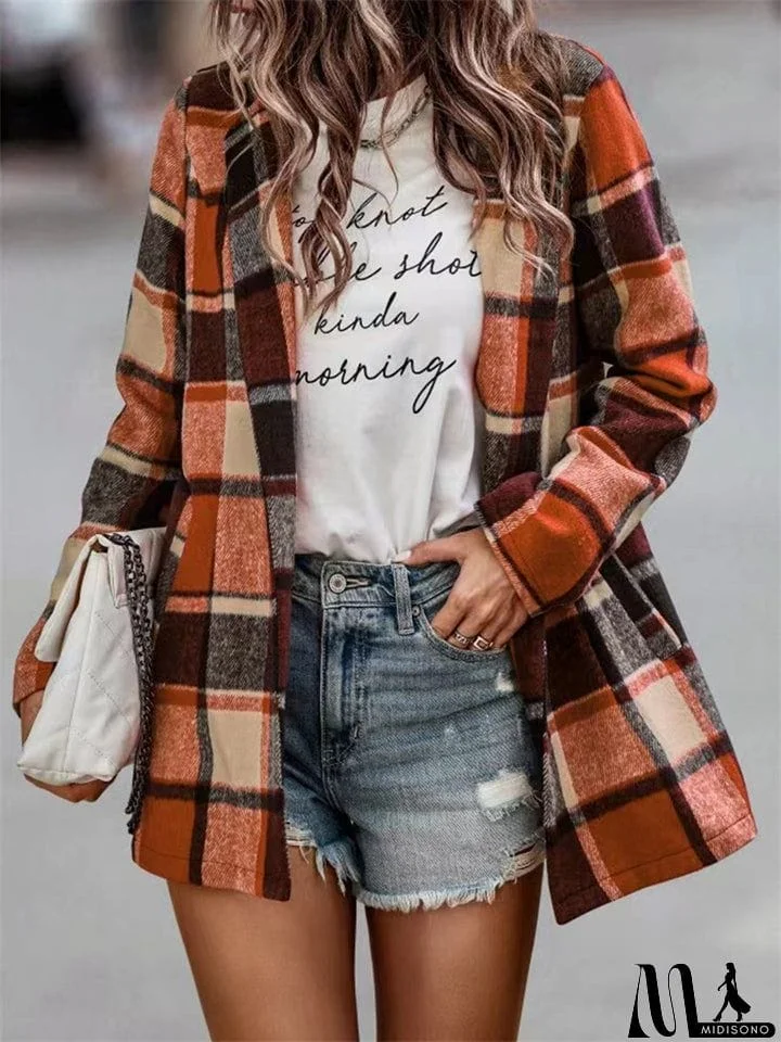 MidiSono - Oversized Plaid Shacket Sweet Flannel Coats for Ladies