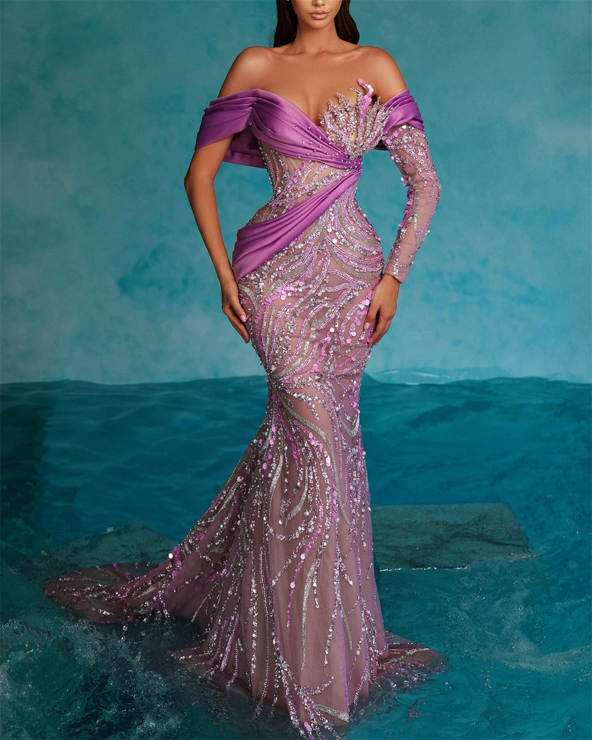 Women's Purple Off Shoulder Sequin Mesh Evening Dress - 01