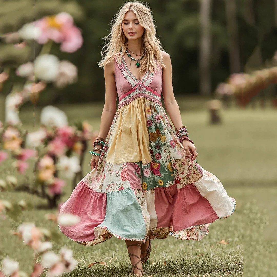 Women Vintage Pink Floral Patch Art V Neck Linen Maxi Dress