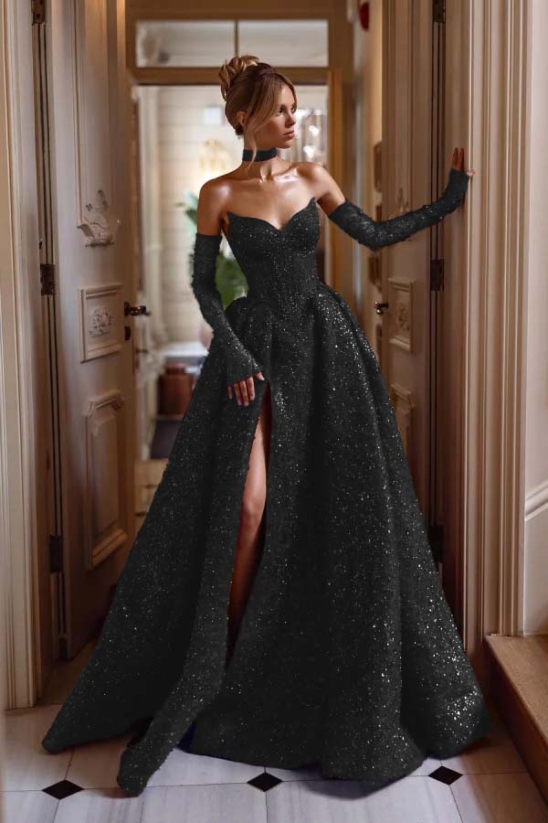 Hidais Strapless Sleeveless Long Split Prom Dress With Sequins Detachable sleeves
