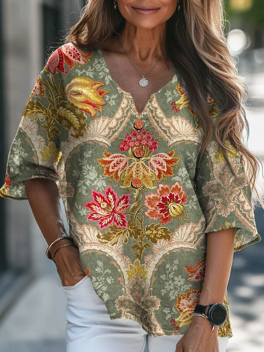 Women's Vintage Lovely Floral Art Print Casual Cotton Linen V-neck Shirt