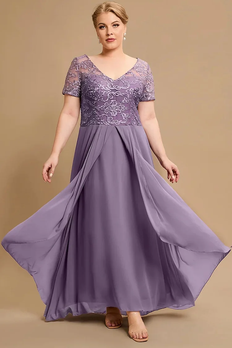 Flycurvy Plus Size Formal Purple A-Line V Neck Embroidery Stitching Chiffon Short Sleeve Maxi Dress  Flycurvy [product_label]