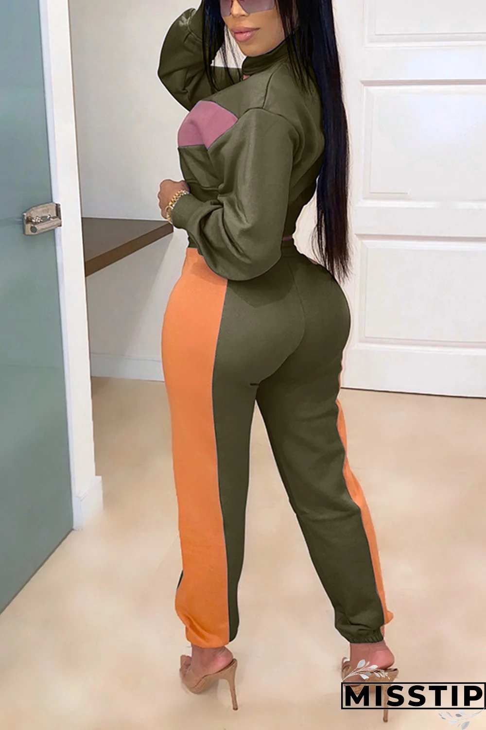 Black Street Patchwork Turtleneck Long Sleeve Two Pieces