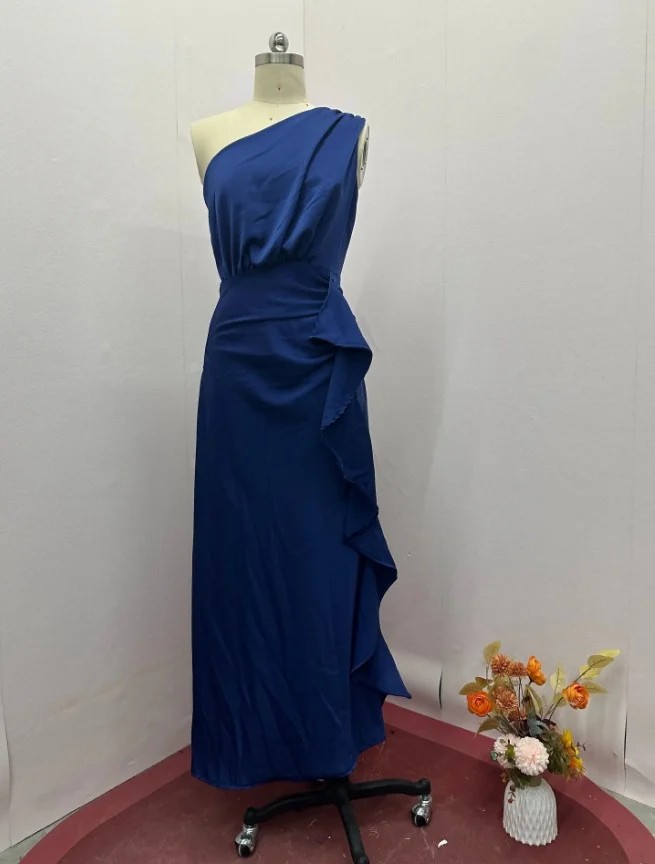 Ueong Ueong Summer New Solid Color Fashion Inclined Collar Waist Slim Temperament Elegant Dress
