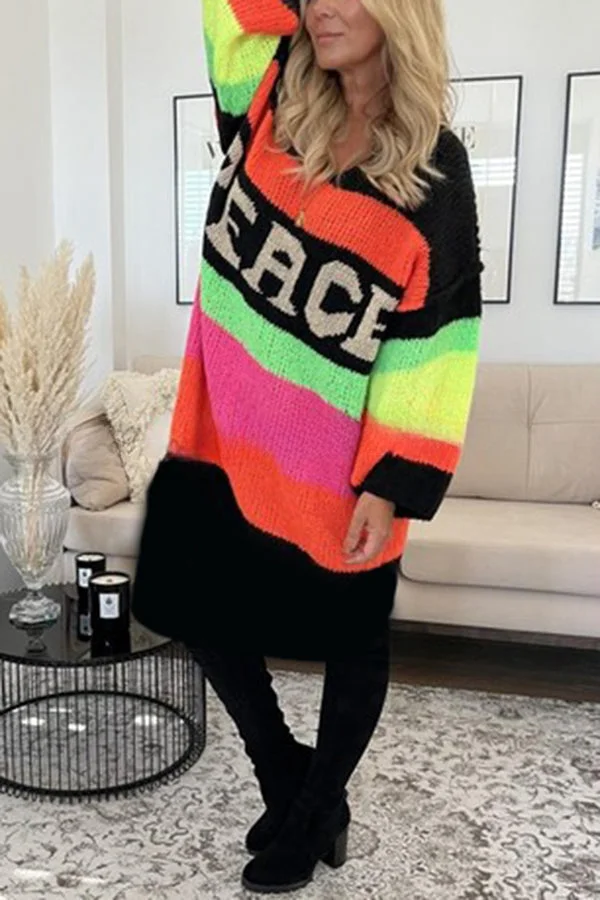 Black True Faith Knit Peace Pattern Color Blocks Loose Midi Sweater Dress