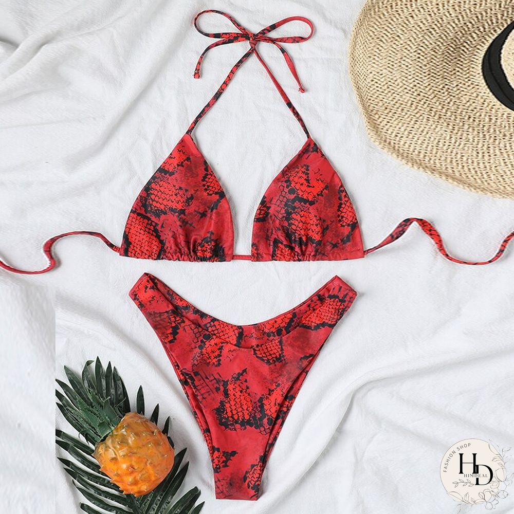 Sexy Deep V Neck Backless Swimsuit Bikini Two Piece Snake Print Halter Lace-up Swimwear New Fashion Summer Push Up Beachwear Set