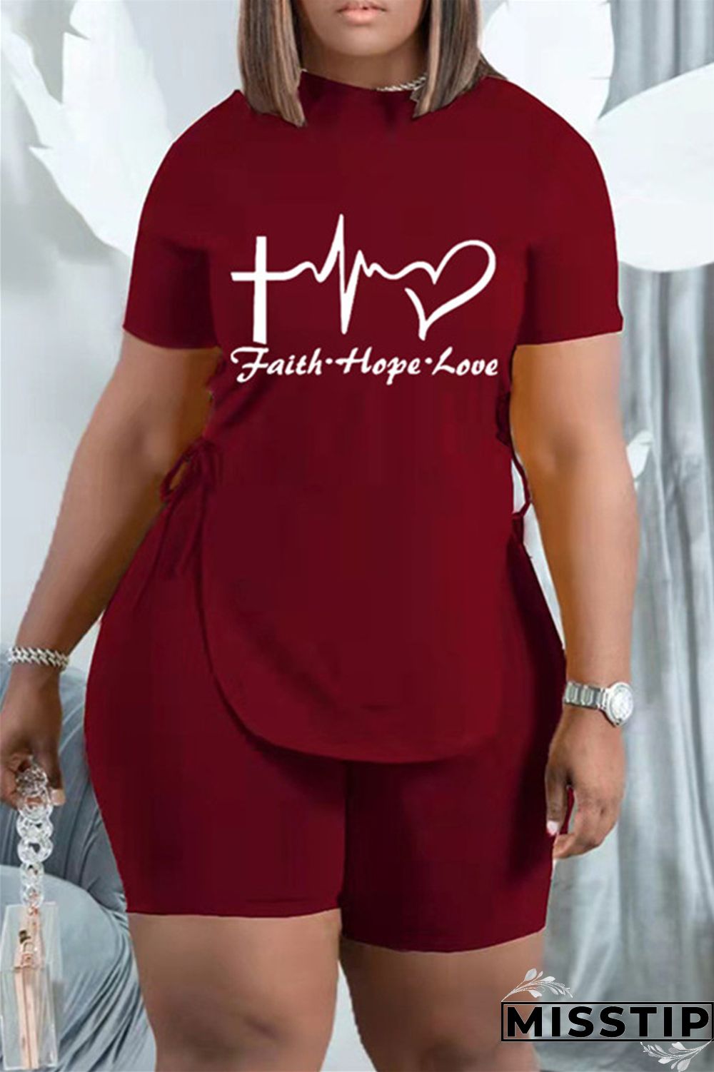 Black Fashion Casual Print Bandage Slit O Neck Short Sleeve Two Pieces