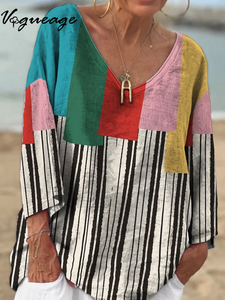 Color Line Grid Stitching 3/4 Sleeves Printed Cotton And Linen Shirt