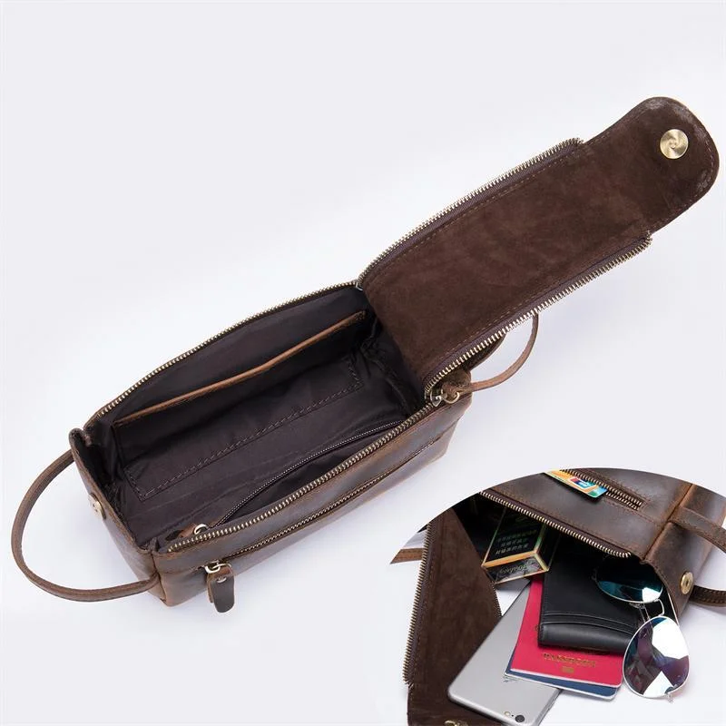 Men's Leather Retro Leather Clutch Large Capacity Wash Bag