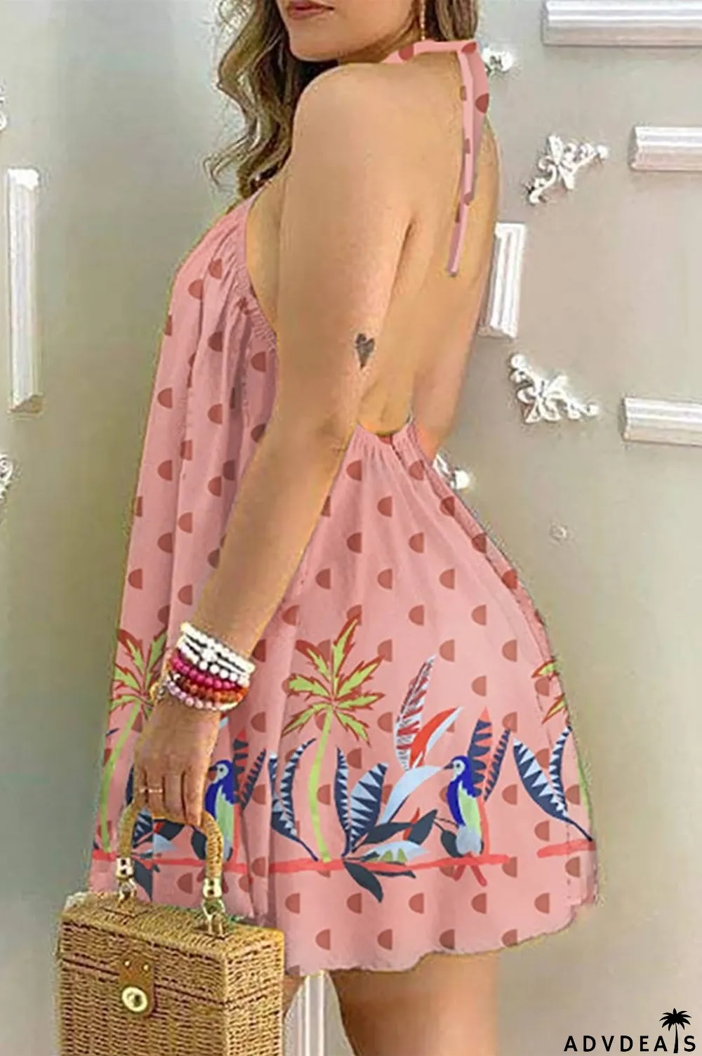 Black Fashion Casual Print Bandage Backless Halter Sleeveless Dress