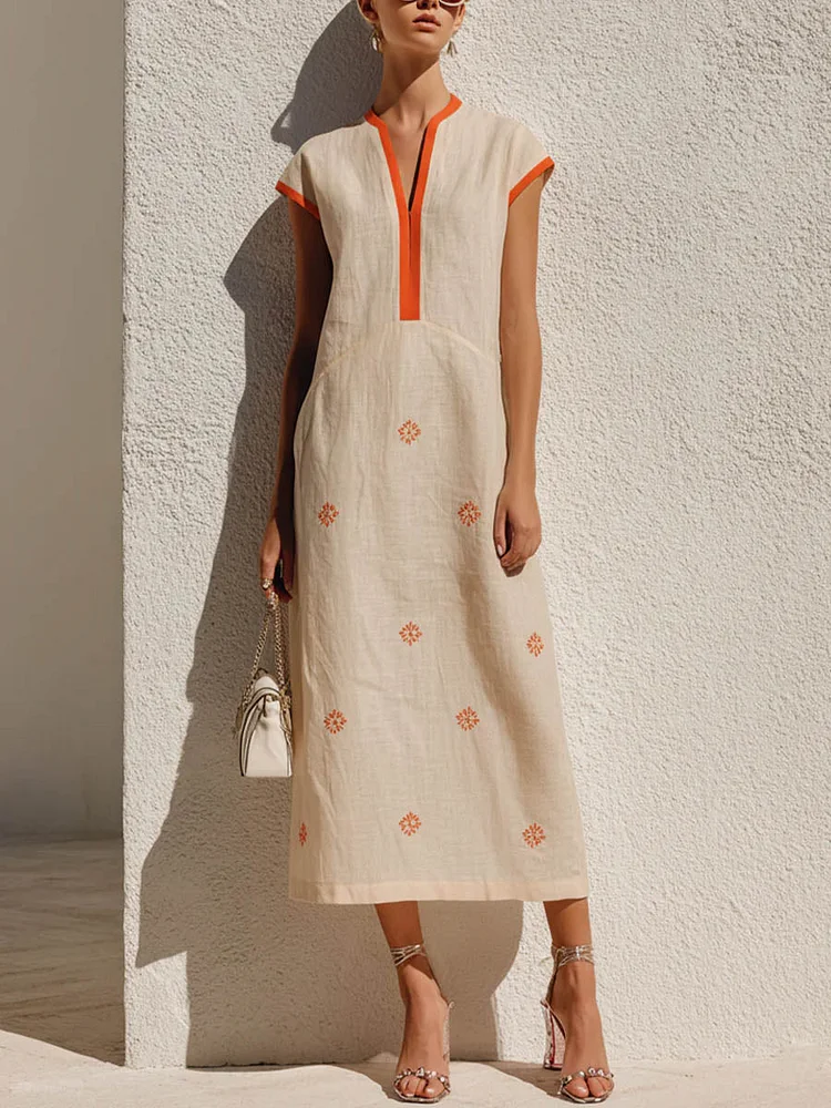Women's V-neck Short-sleeve Casual Loose Cotton-linen Dress