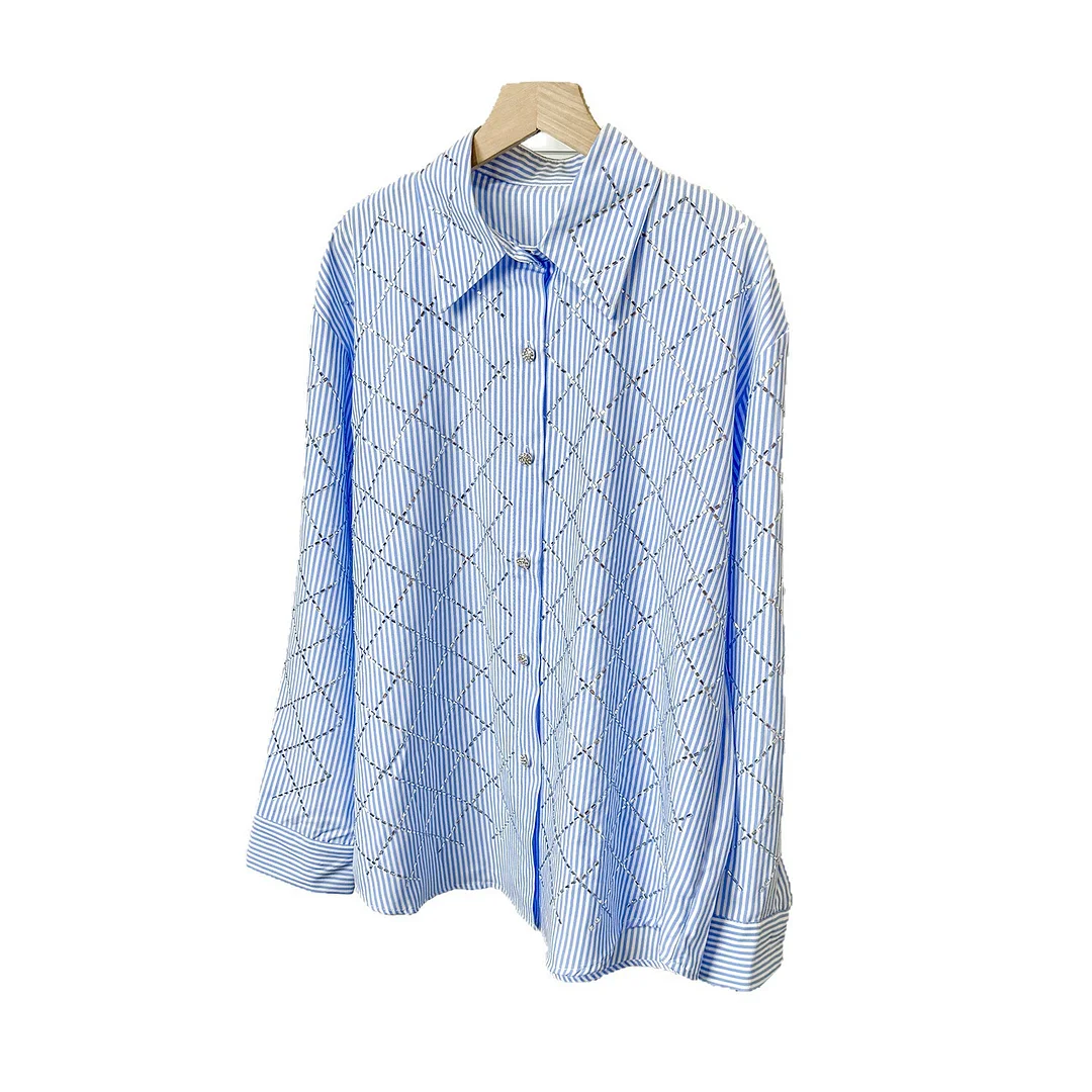 Nigikala Nigikala Women's Dress French Elegant Hot Diamond Diamond Diamond Linge Casual Thin Long-Sleeved Collar Shirt Shirt