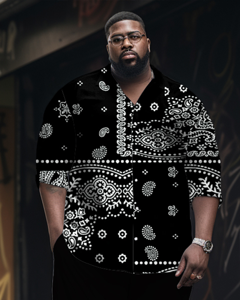 Men's Plus Size Monochrome Cashew Pattern Long Sleeve Lapel Shirt 2-piece Set