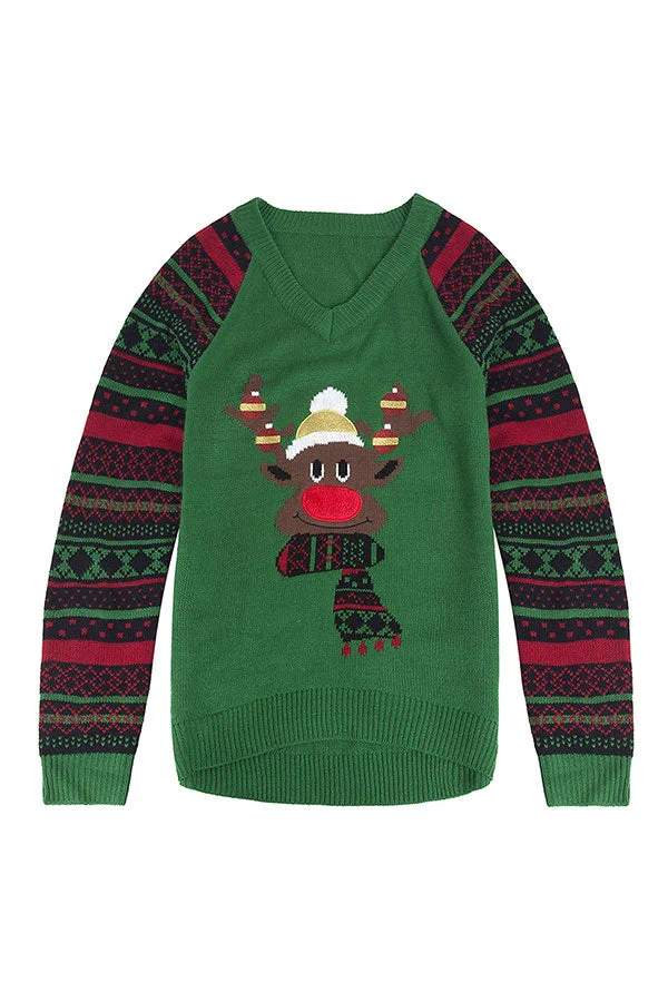 Womens V-Neck Ugly Christmas Reindeer Fair Isle Sweater Green-elleschic