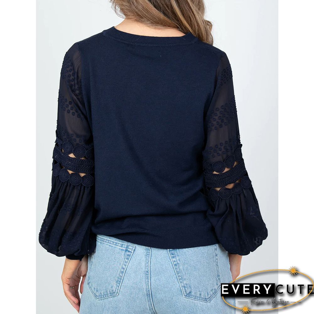 Navy Blue Splicing Hollow-out Lantern Sleeve Tops