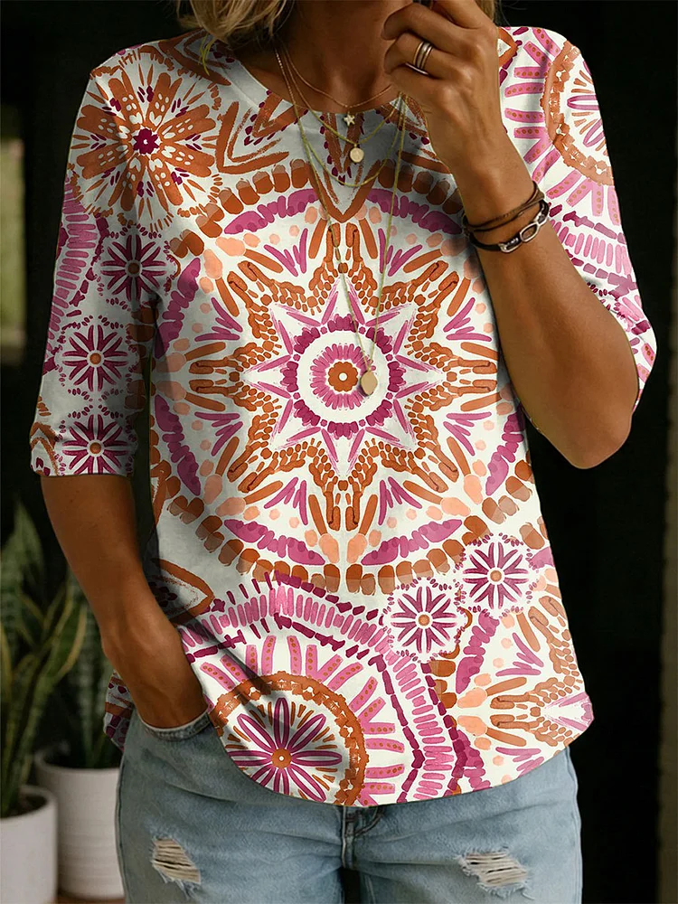 Women&rsquo;s Floral Pattern Art Casual Loose Half Sleeve 100% Cotton T-shirt